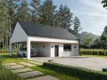 Nowoczesny budynek gospodarczy z wiatą na samochód, otoczony zielenią i lasem.