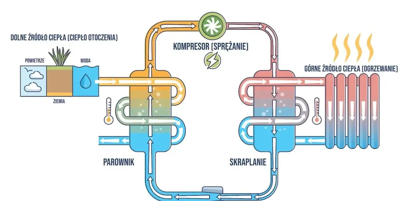 Schemat pokazuje, jak działa pompa ciepła: pobiera ciepło z otoczenia (powietrze, woda, ziemia), spręża je, a następnie oddaje do ogrzewania.