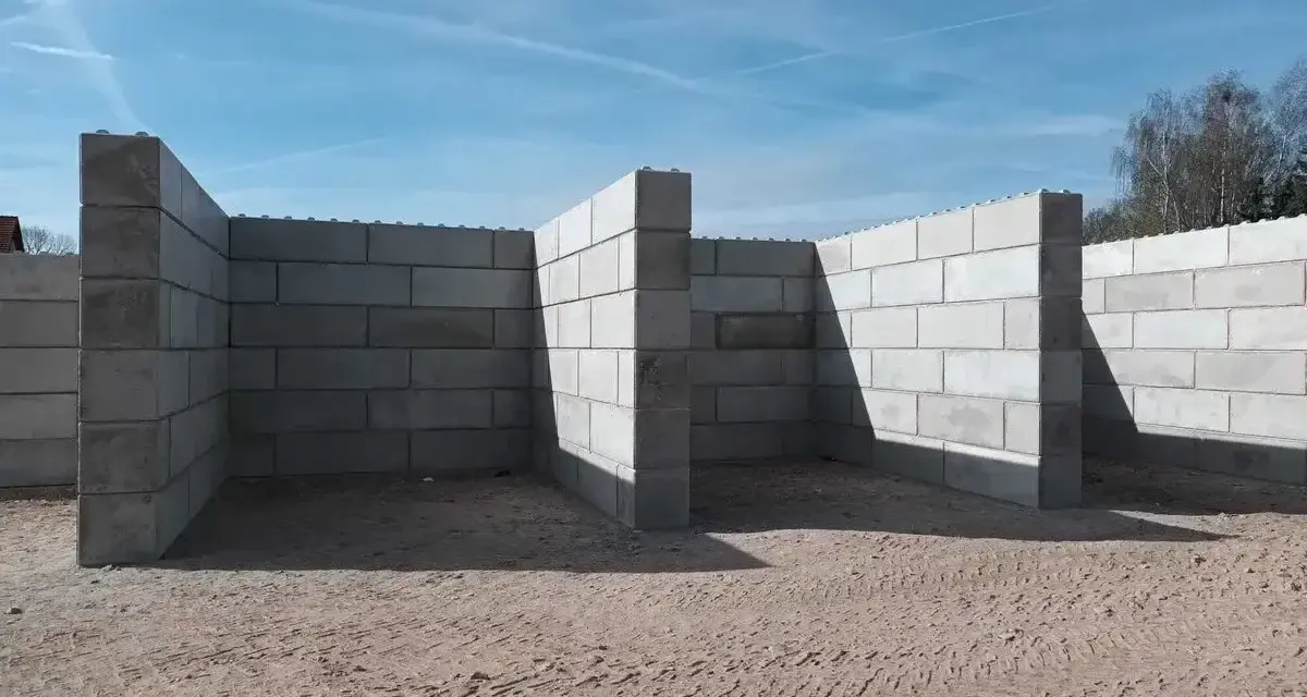 Betonowy mur oporowy w kształcie litery L, zbudowany z dużych bloków, tworzy zarys przyszłej konstrukcji.