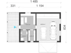 Rzut parteru garażu dwustanowiskowego o wymiarach 8,34 x 14,85 m. W środku dwie strefy: parkingowa (48,08 m²) i gospodarcza (18,47 m²).