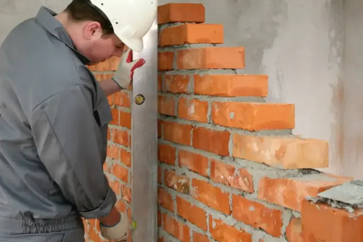 Murarz w kasku sprawdza pion muru, układając cegły. Widać precyzyjne wymiary cegły i zaprawy.