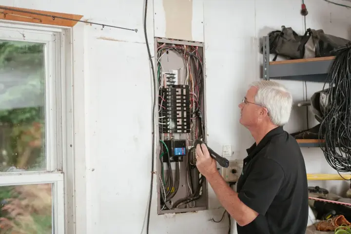 Starszy mężczyzna z latarką sprawdza skrzynkę z zabezpieczeniami elektrycznymi.